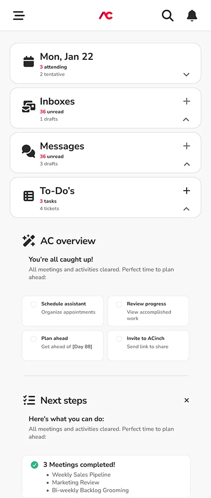 Tableau de bord unifié d'ACinch avec calendrier, boîtes de réception, messages, tâches et aperçu IA