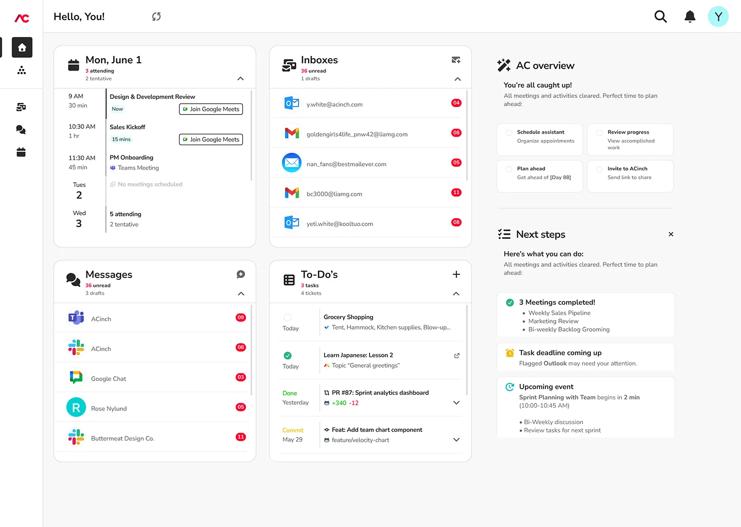 Tableau de bord unifié d'ACinch avec calendrier, boîtes de réception, messages, tâches et aperçu IA